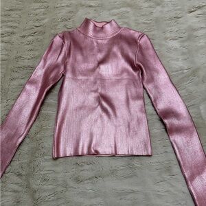 Avec Les Filles Metallic Pink Ribbed Turtleneck Sweater